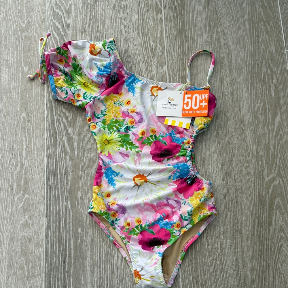 Salt & Pepper Girls' Floral One-Shoulder Swimsuit - Pink/White